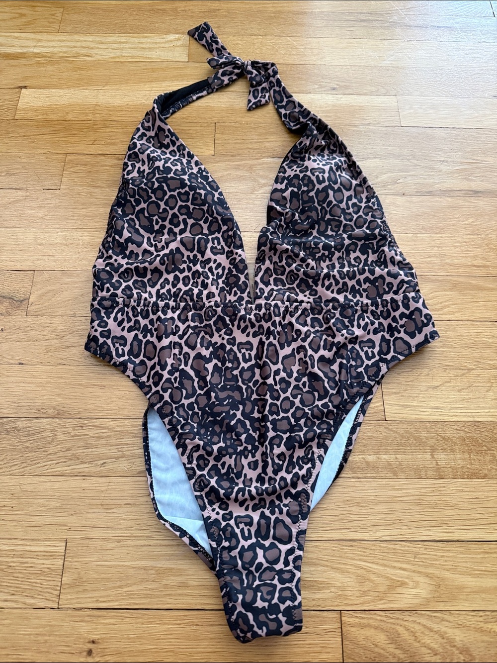 Leopard Print Halter One-Piece Swimsuit - Brown